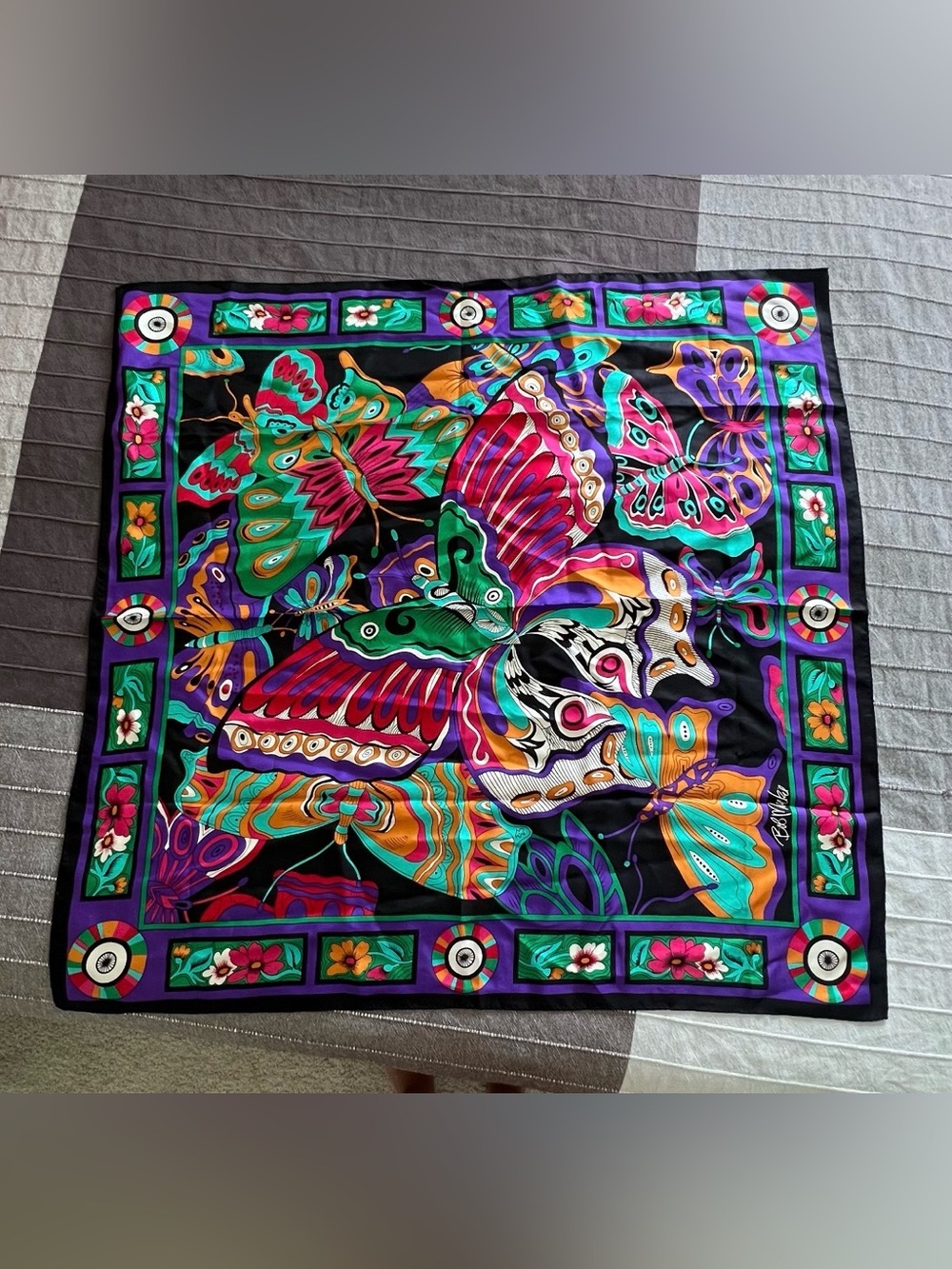 Bob Mackie Vibrant Multicolor Butterfly Silk Scarf - Made in Japan